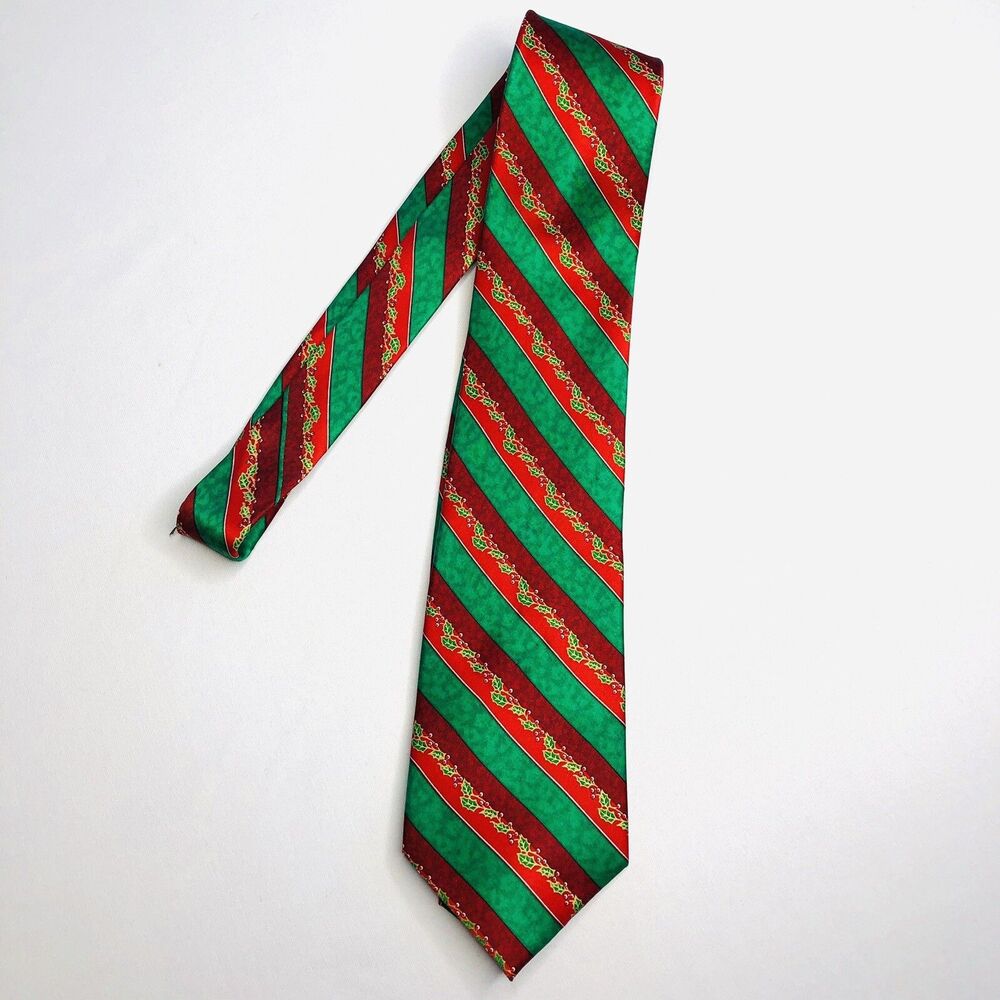 NOEL Men’s Musical Christmas Tie Red Green Striped Holly Holiday Necktie